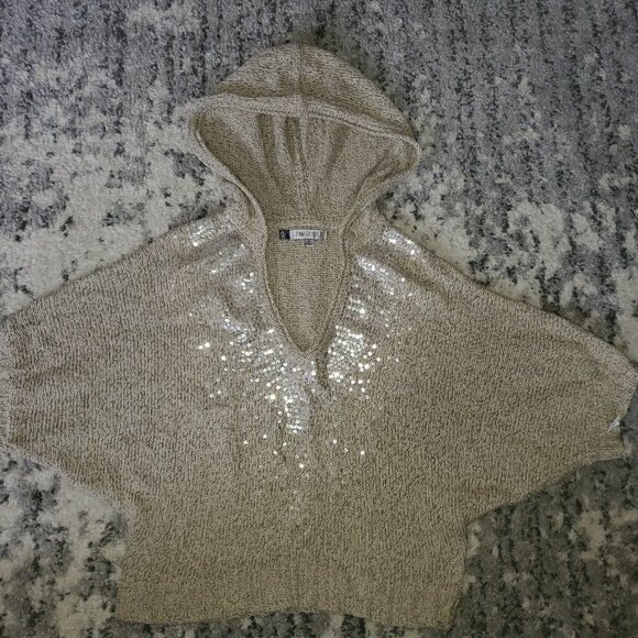 JENNIFER LOPEZ SEQUIN KNIT HOODIE BATWING SLEEVE - Picture 2 of 13